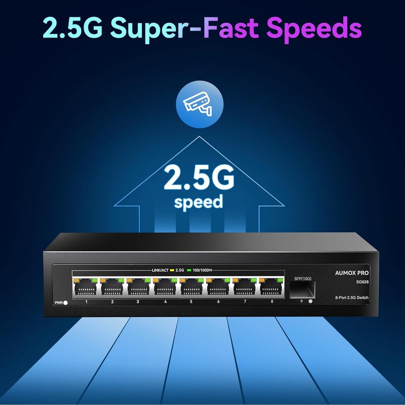AUMOX PRO 9 Port 2.5Gb Unmanaged Ethernet Switch with 8* 2.5G+ 1*10G SFP Ports, 60 Gbps Switching Capacity Compatible with 100/1000/2500Mbps Plug and Play - Image 2